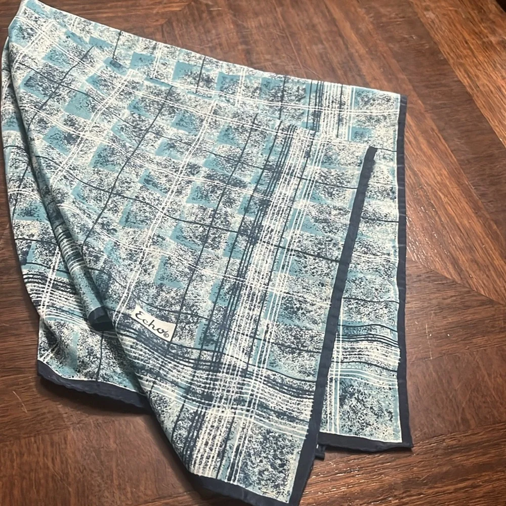 VINTAGE SILK Echo Teal and White Checkered Scarf